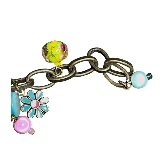 vtg Floral Chunky Antiqued-Bronze Bracelet Multicolor Glass Enamel Beads Charms - Picture 4 of 6